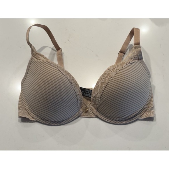Natori Other - Natori Mod Deep Plunge Underwire Push Up Striped Bra Size 32D Beige Lace Trim